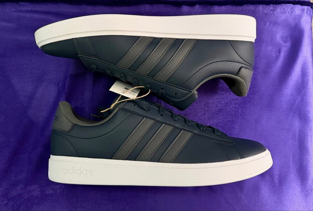 adidas Grand Court Leather Sneakers Navy Blue Grey 3 Stripes White Sole NWT